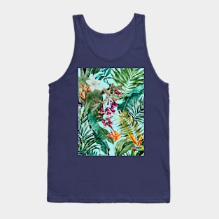 Elegant Tropical floral leaves and foliage botanical illustration, botanical pattern, tropical plants, baby blue leaves pattern over a T-Shirt Tank Top